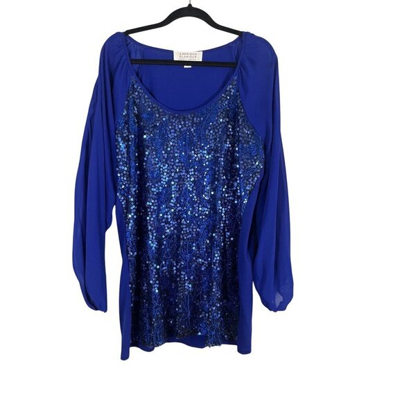 Badgley Mischka Sequin Floral Top 1X Blue Glam Shimmer Cocktail Resort Coastal - Picture 1 of 16